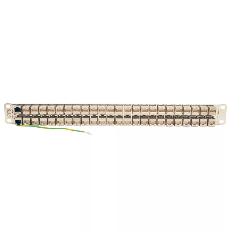 Tripp N254-048-SH-6A 48 porti 1 HE racki paigaldus varjestatud Cat6a STP läbivoolu paigalduspaneel - RJ45 Ethernet - TAA - 10 Gigabit Ethernet - RJ-45 - Cat6a - Hõbe - Valge - Rackeinb