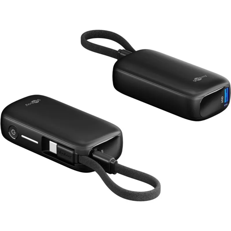 Powerbank 5000 mAh, integreeritud USB-C kaabel 13 cm, 20 W (must, 5 Ah, 1x USB-A, 1x USB-C, PD, QC)