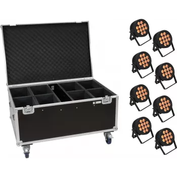 LED PAR valgustite komplekt EUROLITE 20000885 — 8x12W PAR LED-id, IP-reitinguga, ratastel lennukohvriga