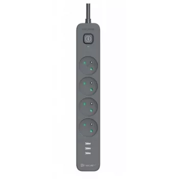 Power Line+ mobiilivalmis liigpingekaitsega pikendusjuhe 1,5 m (4 pistikupesa + 3x USB A, 5V 2,4A)