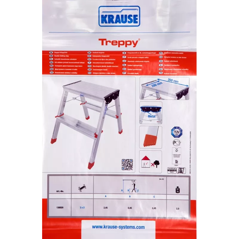 Koklapitav astmelaud Krause Treppy Silver 130020 — alumiinium, 2 astet, kandevõime 150 kg, kokkupandult 55×20 cm, kaal 2 kg