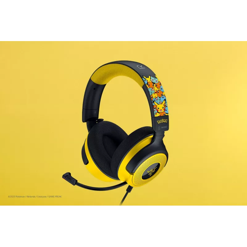 Peakomplekt Razer Kraken V4 X Pokemon — juhtmega USB-C/USB-A, supraaural, 20–20000 Hz, 1,8 m kaabel, 310 g, must/kollane