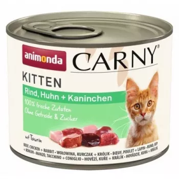 Märg kassitoit animonda Carny BEEF CHICKEN RABBIT 200 g purk — noorkassidele, 10,5% valku, 6,3% rasva, 80% niiskust