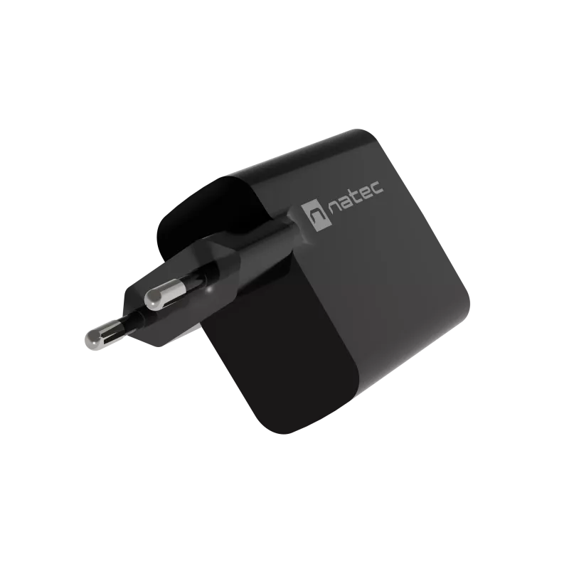 Juhtmega mobiilseadme laadija NATEC NUC-2145, 65W, USB-C PD 3.0 + QC 3.0, 1x USB-C, 1x USB-A, 110–240 V, must
