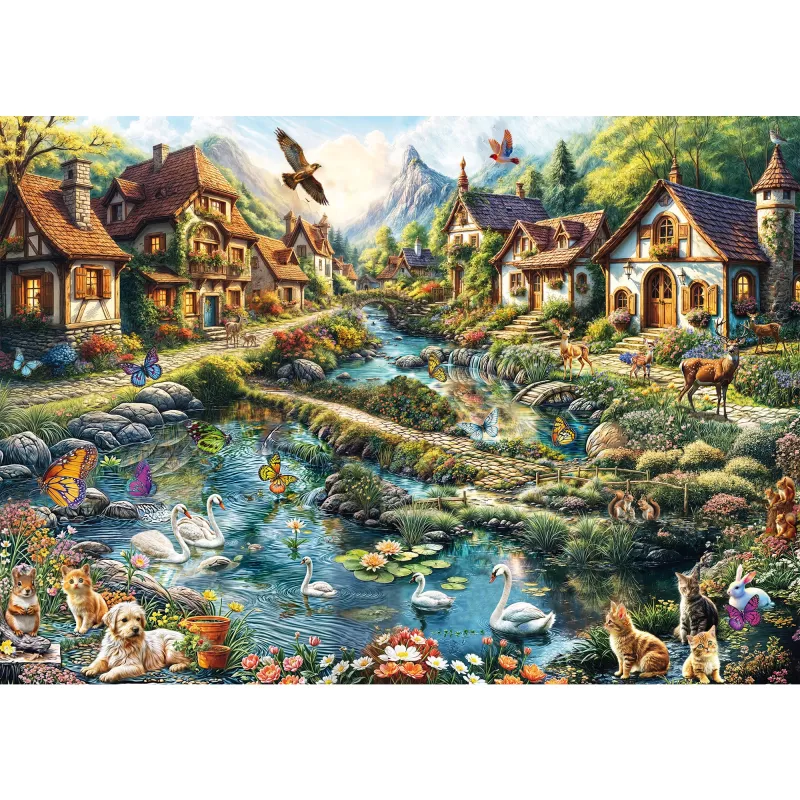 Pusle 1000 tk, schmidt spiele Village at the Edge of the Forest, maaliline illustratsioon
