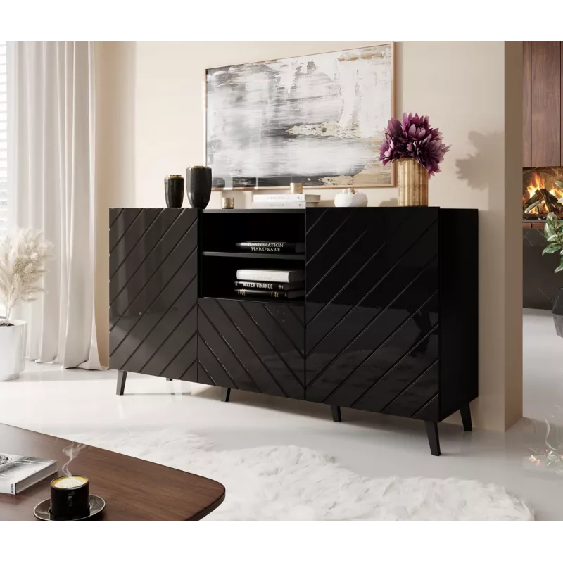 Kummut cama meble ABETO 150x42x82 cm, läikiv must, MDF-korpus, 1 sahtel