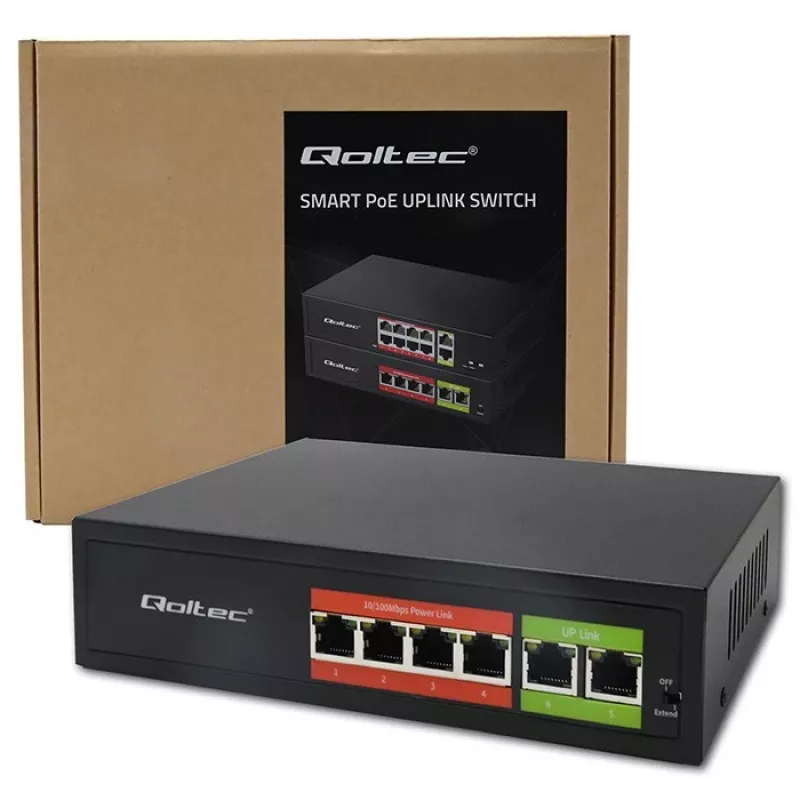 Ethernet PoE lüliti QOLTEC 52289 — 4x RJ45 PoE porti, 2x RJ45 üleslinki, 65W võimsuseelarve