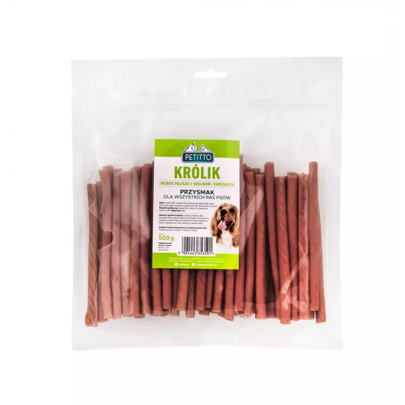 Koerte maiuspalad PETITTO Soft rabbit fingers — küülikumaitselised pehmed närimispulgad koertele, 500 g, treeningmaius, täiskasvanud, sojavaba, gluteenivaba