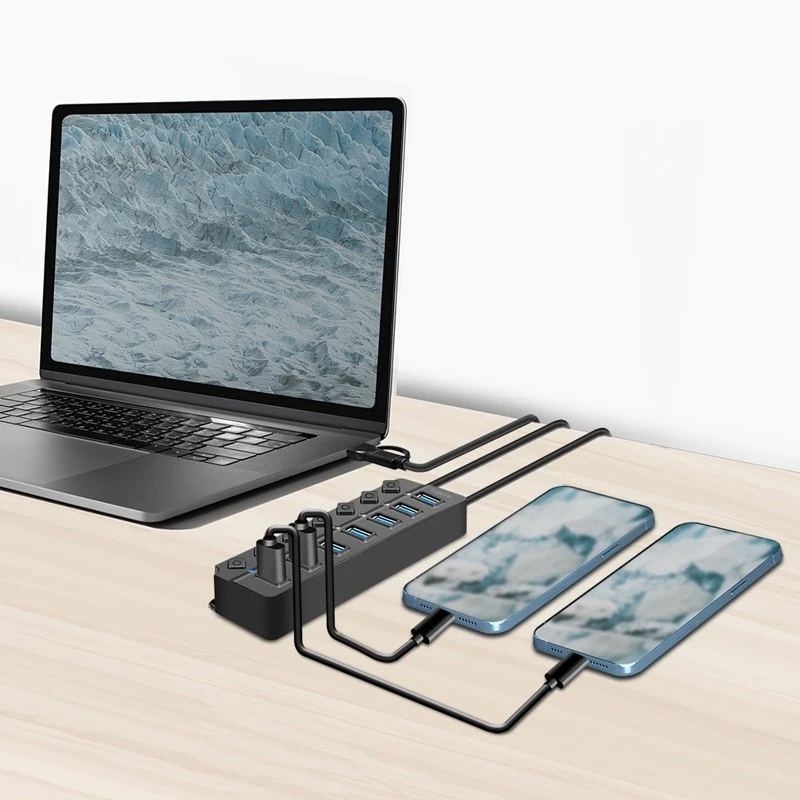 USB 3.2 Gen1 jaotur, 7 porti sisse/välja lülitiga, must