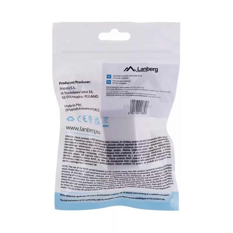 LANBERG pistikuadapter RJ-45 - RJ-45, emane-emane, U/UTP Cat5e, valge