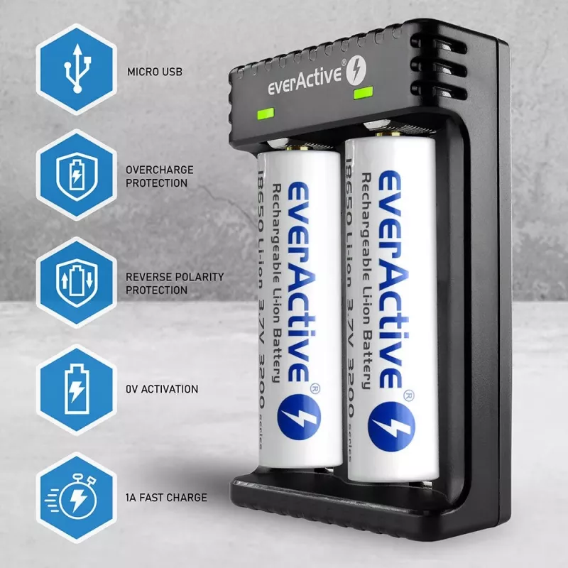 everActive LC200 majapidamisaku laadija USB, 2 pesaga, Li-Ion, toetab AA/AAA, 5 V sisend, 4,2 V väljund, must