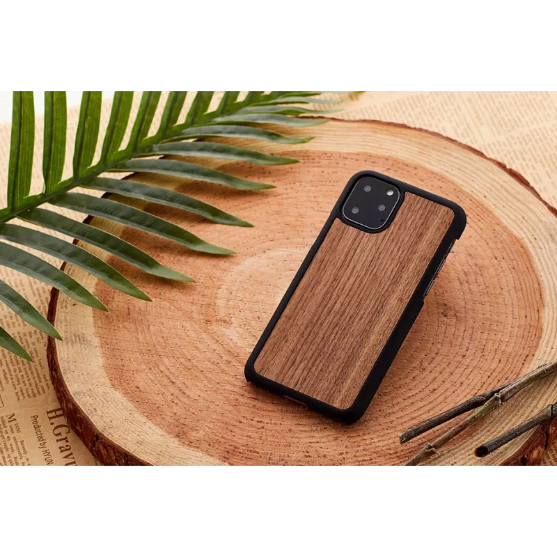 man and wood nutitelefoni ümbris iPhone 11 Pro Max jaoks — must pähkel, puidust seljaosa, kaitsev raam