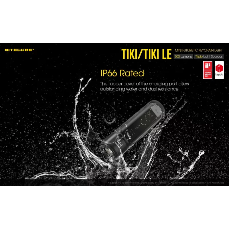 Käsitaskulamp Nitecore TIKI LE — 300 lm, USB-laetav, polükarbonaat, IP66, põrutuskindel, 10,5 g, 55 mm, Must