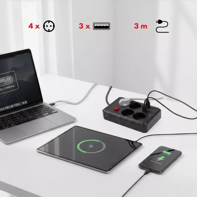Pikenduspesa MACLEAN MCE393 B — 4 pistikupesa, 3×USB, 110–240 V, 2500 W, 3 m kaabel, must