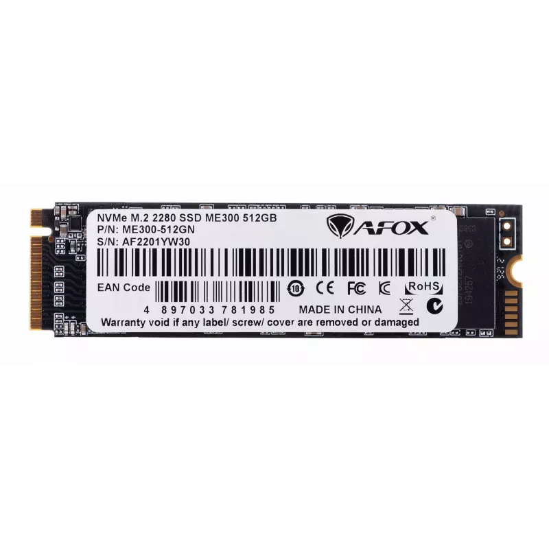 SSD M.2 AFOX ME300-512GN 512 GB PCIe NVMe TLC, lugemine 2000 MB/s, kirjutamine 1600 MB/s