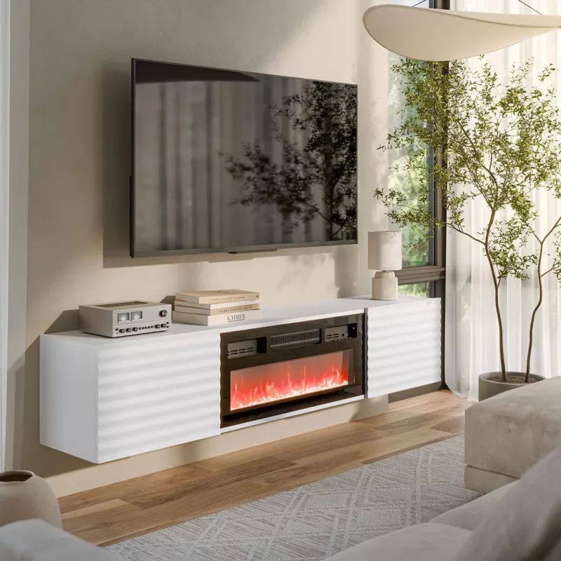 TV-kapp Cama Meble TULA elektrikaminaga, 1830×350×370 mm, valge matt pealispind ja raam