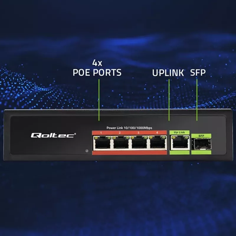 Ethernet PoE-lüliti QOLTEC 52296 — 4x RJ45 PoE-porti, 1x RJ45 üleslink