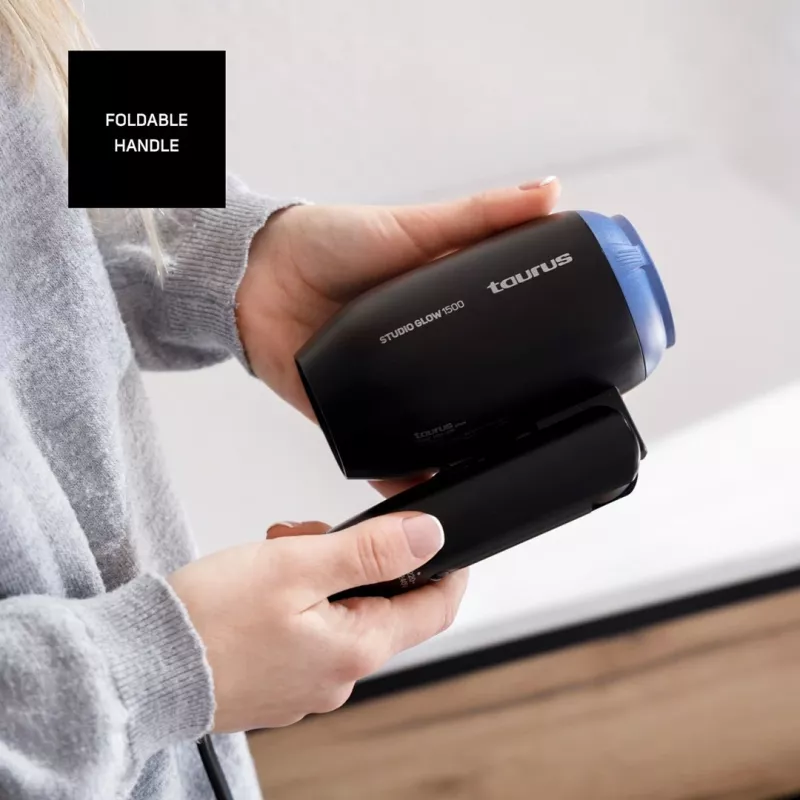 Föön Taurus Studio Glow 1500 — 1400 W, 3 kuumusastet, 2 kiirust, kokkupandav, riputatav, must