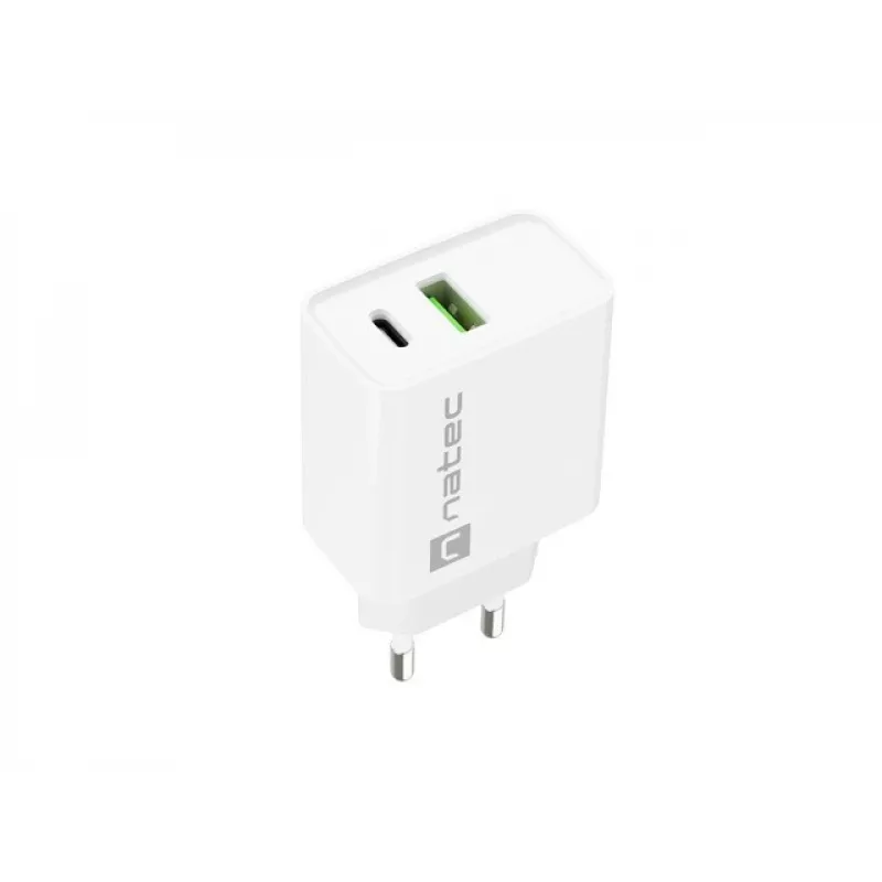 Sisetingimustes vahelduvvoolu kiirlaadija NATEC RIBERA 12V 20W USB-C PD 3.0 + USB-A Samsung AFC valge