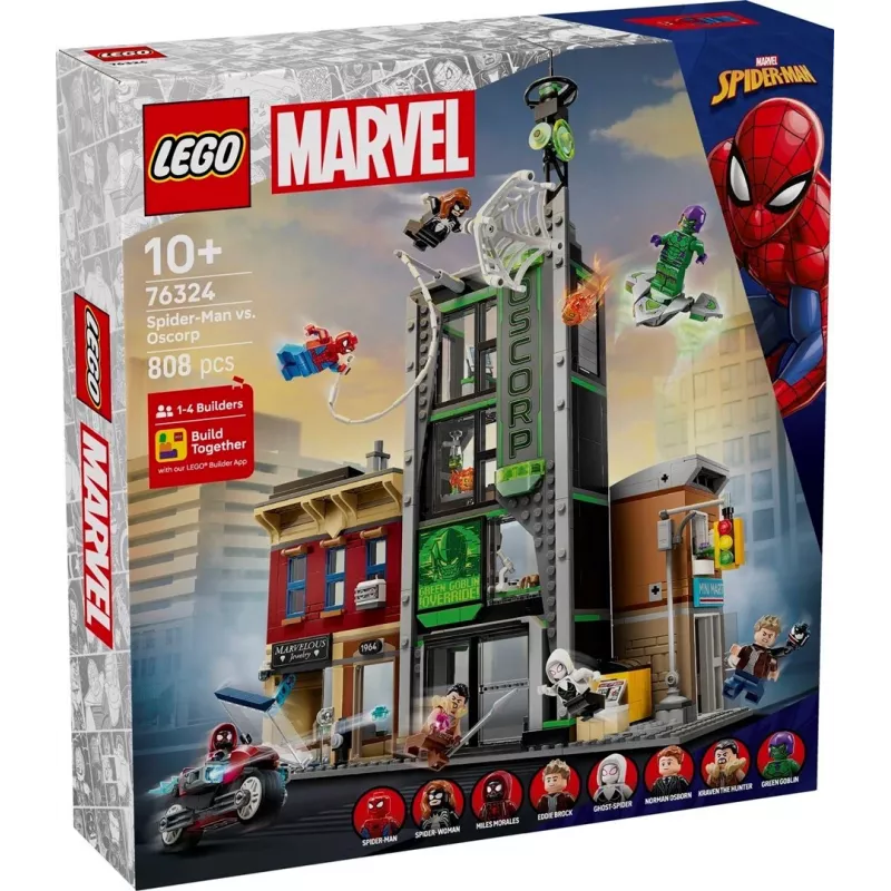 LEGO Marvel komplekt 76324 Spider-Man vs. Oscorp ehitusmänguasi, 808 detaili, 8 minifiguuri, vanusele 10+