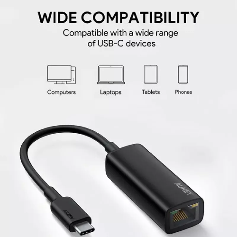 Etherneti adapter Aukey CB-A30 USB‑C – Gigabit RJ45 10/100/1000 Mbps, USB 3.0, alumiiniumkorpus, LED-indikaatorid