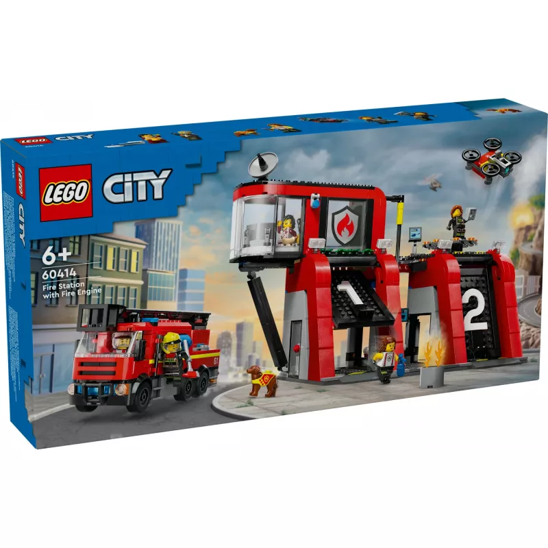 Konstruktsioonimänguasi LEGO City tuletõrjedepoo pöördredeliga sõidukiga 60414 — 843 detaili, 5 minifiguuri, 220×320×140 mm