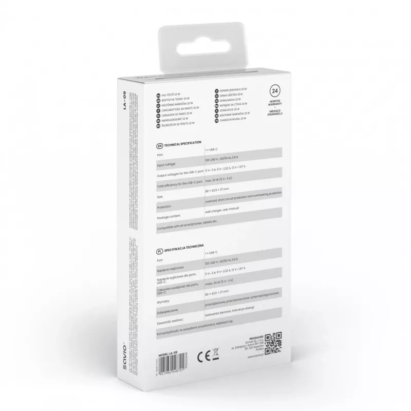 Seinalaadija 20W LA-09 USB-C QC, PD 3.0 Savio SAVLA-09