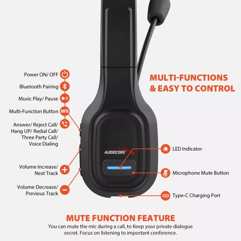Audiocore 74452 Bluetooth peakomplekt kõrvaklapid mürasummutuse mikrofoniga Call Center Google Siri kontor juhtmevaba