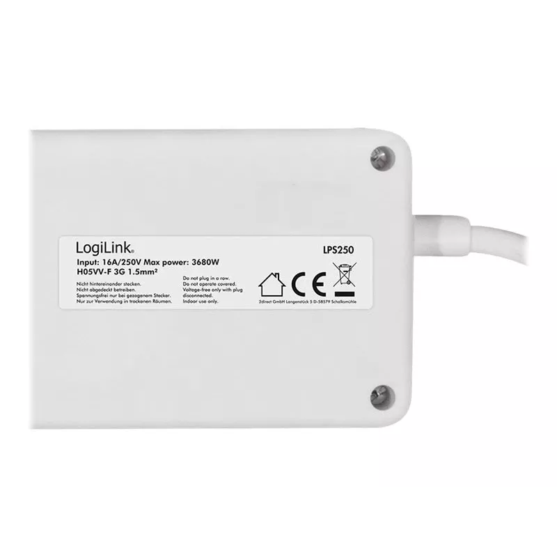 Pikendusjuhe LogiLink LPS250 1,5 m 6 vahelduvvoolu pistikupesa siseruumidesse valge