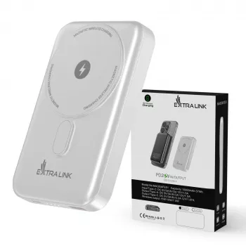Extralink MagSafe 10000mAh akupank valge, 38,5 Wh PD20W+15W USB-C USB-A