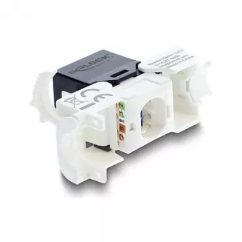 Keystone-moodul RJ45 LSA-le Cat.6 UTP, lukustusklambriga ja kaablisidemeteta — DELOCK 90794, lame must/valge, 16,1×30×19,4 mm