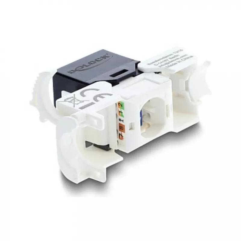 Keystone-moodul RJ45 LSA-le Cat.6 UTP, lukustusklambriga ja kaablisidemeteta — DELOCK 90794, lame must/valge, 16,1×30×19,4 mm