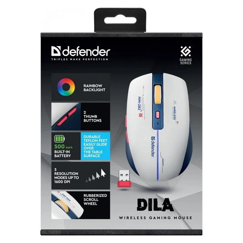 Juhtmevaba mängurihiir DEFENDER MM-282 RF — mõlemakäeline, optiline 1800 DPI, 5 nuppu, USB, akutoitel