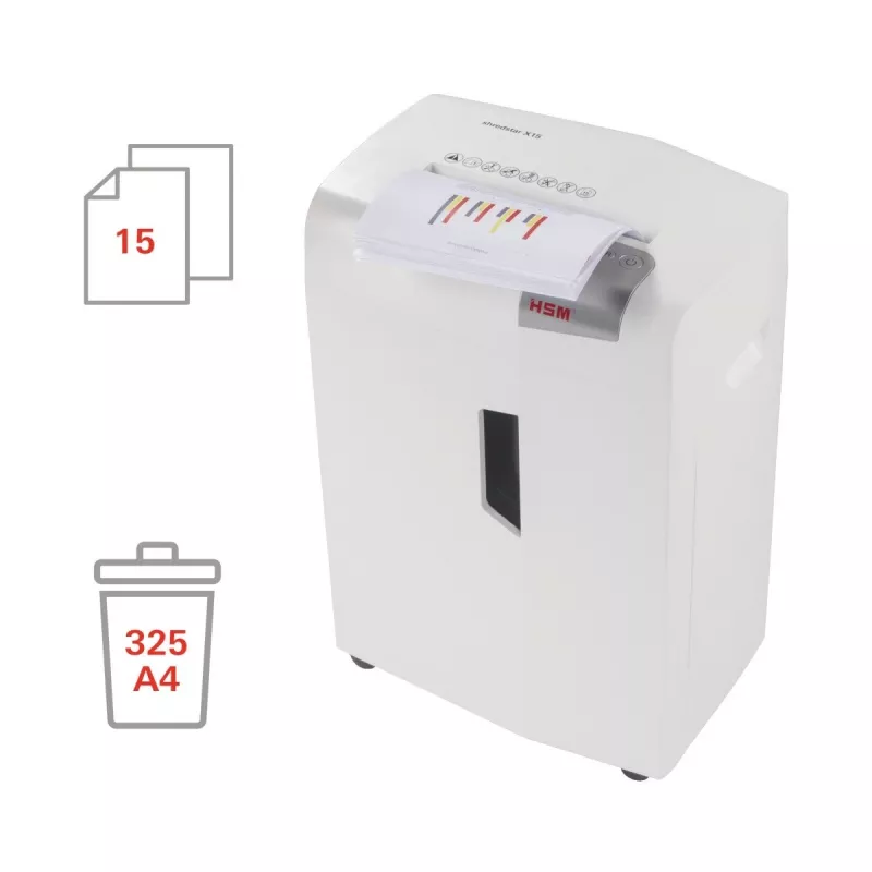 Paberipurustaja HSM X15, partikellõikus P-4, 23 cm töölaiusega, 16-leheline mahutavus, 26 L prügikast, hõbedane
