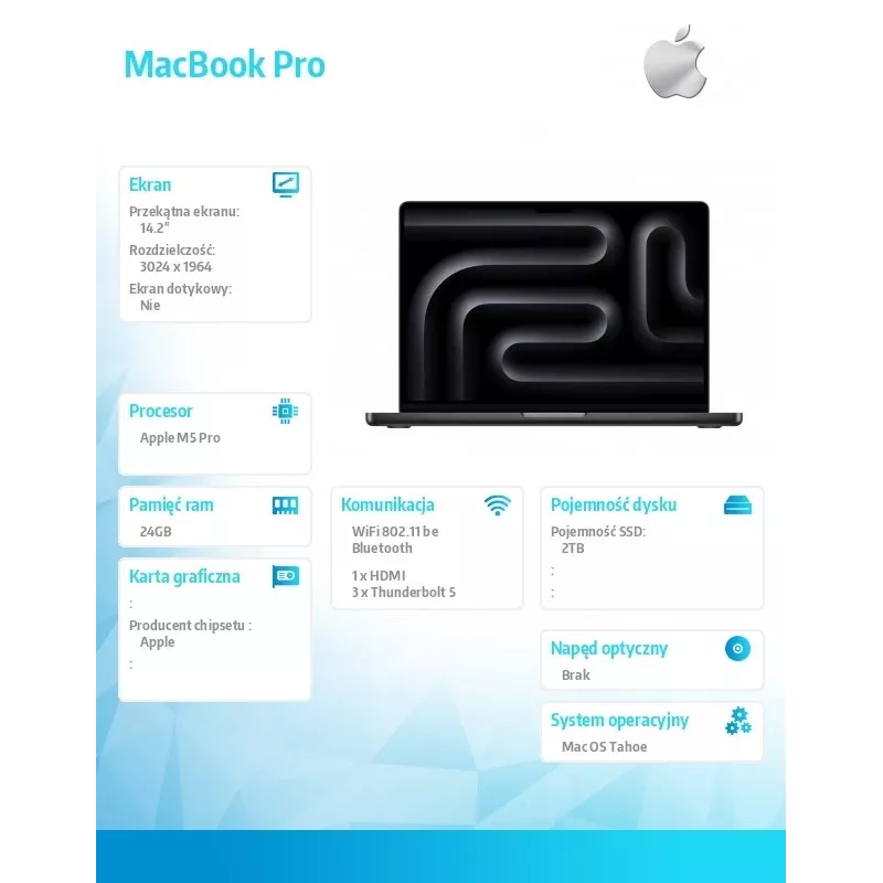 Sülearvuti Apple MacBook Pro 14-tolline — M5 Pro 18‑tuumaline CPU / 20‑tuumaline GPU, 24 GB muutmälu, 2 TB SSD, kosmosemust