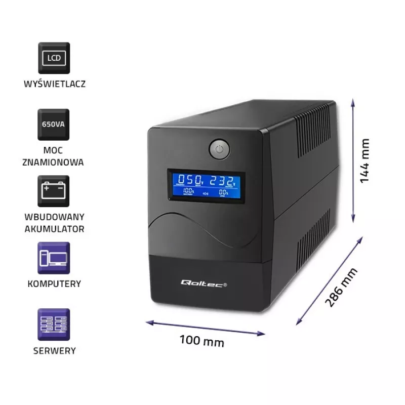 Qoltec Monolith UPS Double-conversion Online 0,65 kVA 360 W 2 AC-pistikupesa