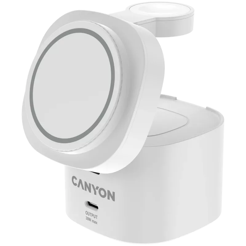 Canyon 4-in-1 juhtmeta laadimisalus, max 30W, mõõdud: 70x70x70.3mm, kaal: 414g, koos 65W laadija ja 1M kaabliga, valge