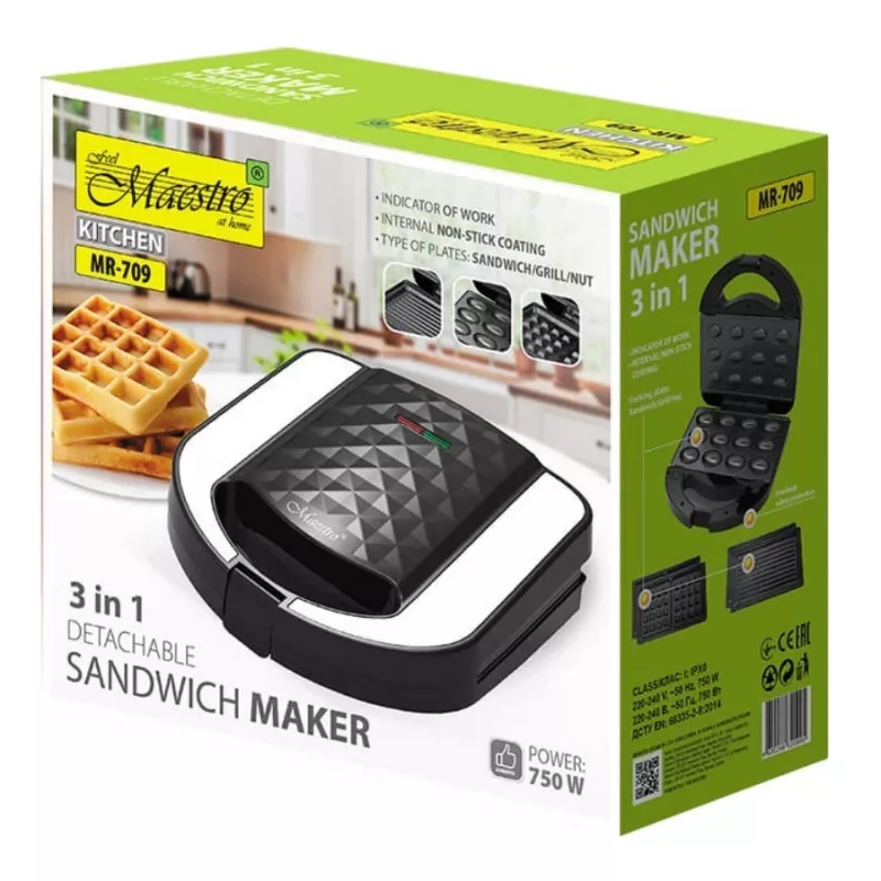 Röster-sandwichimasin Maestro MR-709 3in1 750 W — sandwichipress, grilli- ja vahvliplaadid, valge