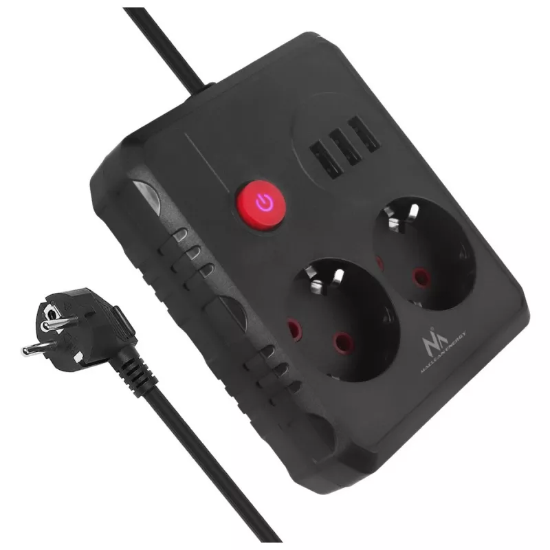 Pikendusjuhe MACLEAN MCE388 B — 2 pistikupesa, 3×USB A, 110–120 V 50/60 Hz, 2500 W, 3 m kaabel, must