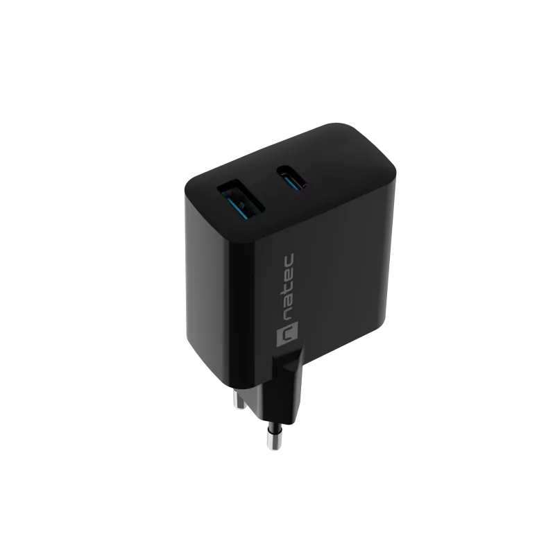 Juhtmega mobiilseadme laadija NATEC NUC-2143, 45 W, USB-C PD 3.0 + USB-A QC 3.0, 110–240 V, must