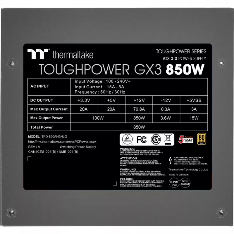 Thermaltake ToughPower GX3 - Toiteplokk (sisemine) - ATX12V 3,0 - EPS12V - 80 PLUS Gold - AC 100-240 V - 850 W - Must (PS-TPD-0850NNFAGE-3)