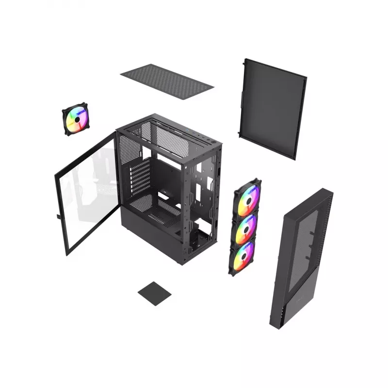 Arvutikorpus GEMBIRD Fornax 4300 Midi Tower ATX, karastatud klaas, 2×3,5-tollist pesa, 3×2,5-tollist pesa, ARGB-ventilaatorite tugi, USB 3.2 Gen1