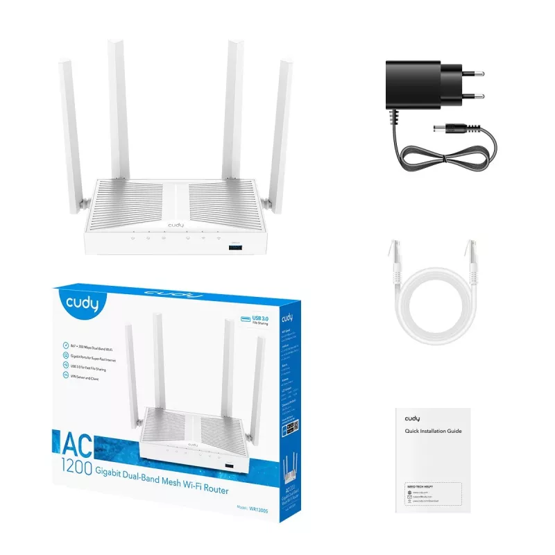 Lauapealne traadita ruuter Cudy WR1300S — Kahesageduslik 2,4/5 GHz, Wi‑Fi 5, Gigabit Ethernet, 4 LAN, USB, 4 antenni