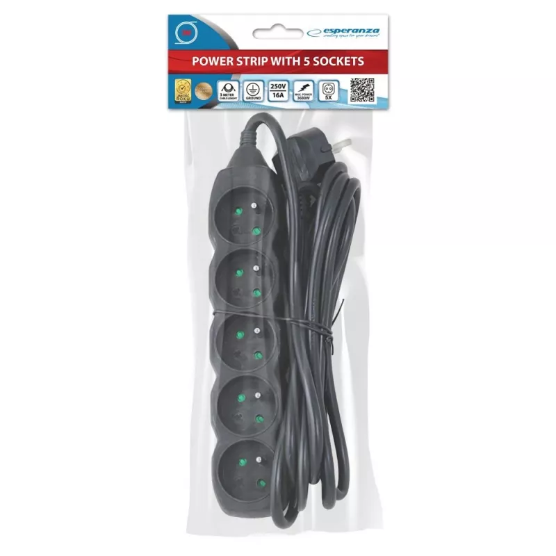 Pikendusjuhe ESPERANZA ELK208K — 5 pistikupesa, 3 m kaabel, must