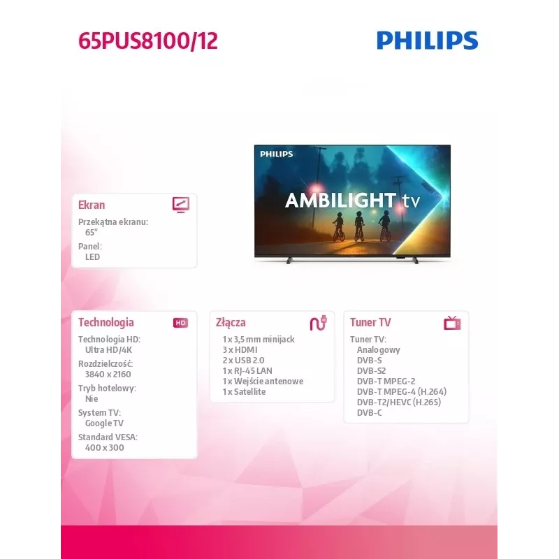 Televiisor Philips 65PUS8100/12 65-tolline LED 4K Ultra HD, energiaklass E