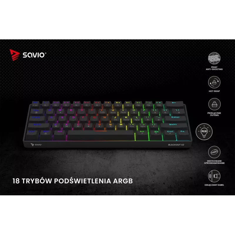 Mehaaniline mänguklaviatuur SAVIO MustOUT X2 BROWN 61-klahviga 60% USB QWERTY RGB Outemu Brown