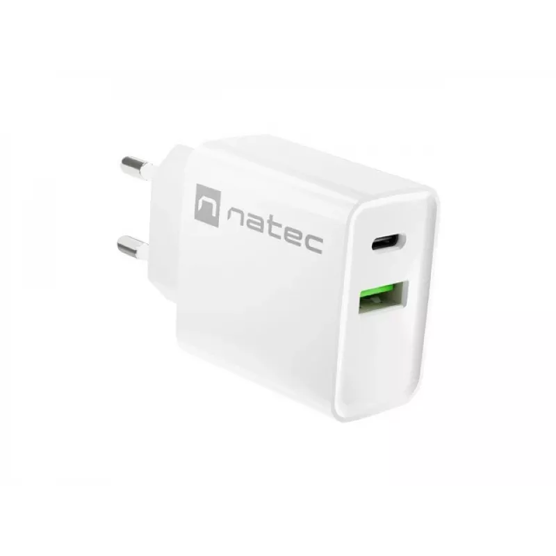 Sisetingimustes vahelduvvoolu kiirlaadija NATEC RIBERA 12V 20W USB-C PD 3.0 + USB-A Samsung AFC valge