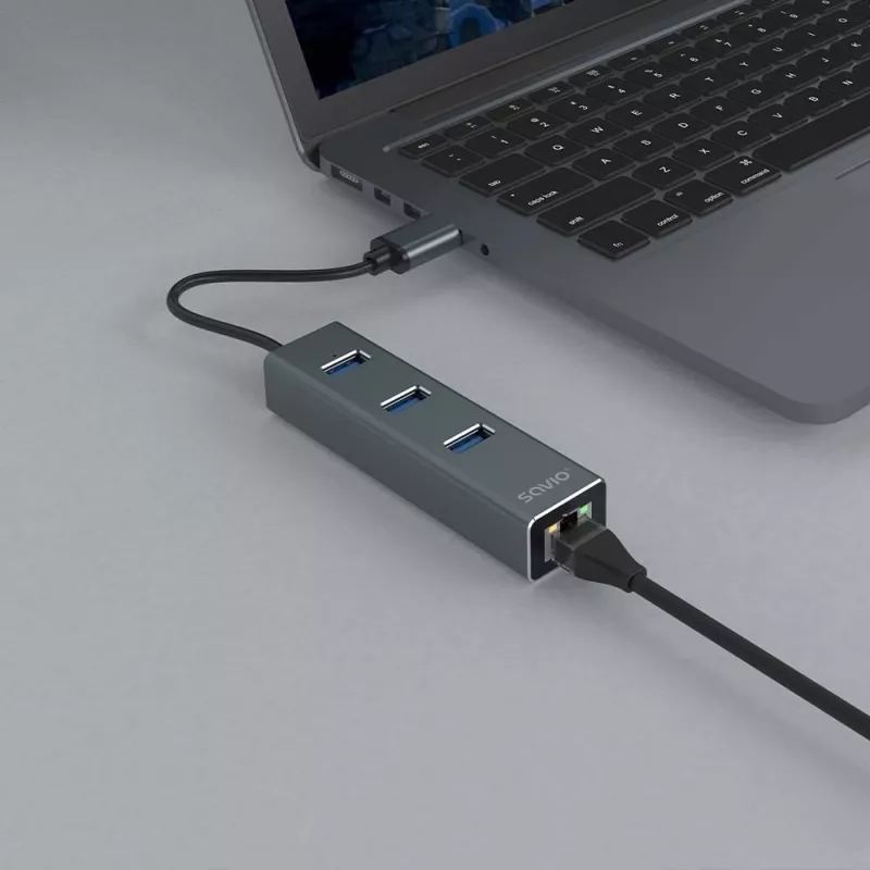 SAVIO USB-A jaotur RJ-45 Gigabit Ethernetiga AK-57 — 3× USB-A + RJ-45, USB 3.2 Gen 1 Micro‑B host, 5 Gbit/s, 4 porti, hall