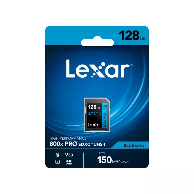 SDXC-mälukaart Lexar 128 GB UHS-I 800xPRO Klass 10 U3 V30 — 150 MB/s lugemine, 45 MB/s kirjutamine, must