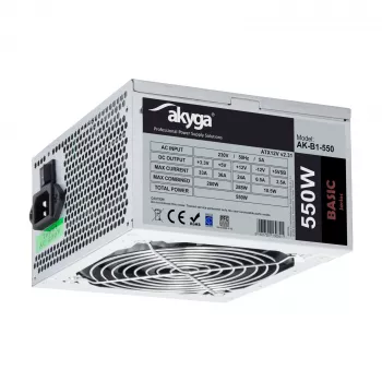 Akyga Basic AK-B1-550 ATX toiteplokk 550 W, 120 mm ventilaator, passiivne PFC, hall